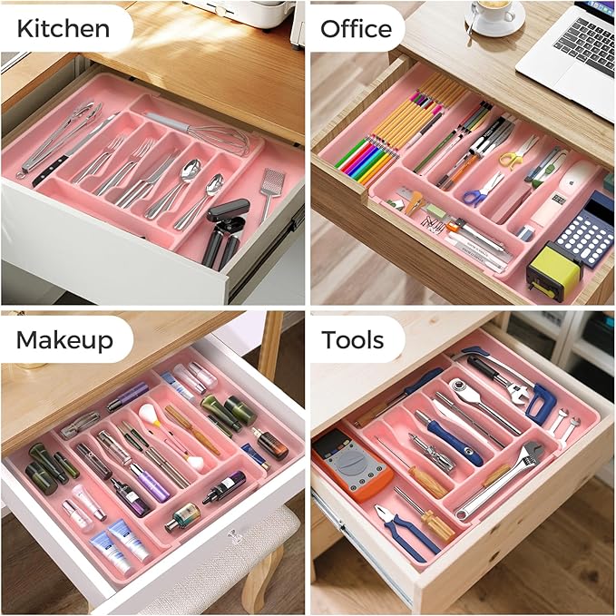 Extra Large Expandable Silverware Organizer, BPA-Free Food-Safe Cutlery Flatware Organizer, Kitchen Utensil Drawer Organizer, Adjustable Silverware Holder for Spoons Forks Knives, Pink-NeatNest