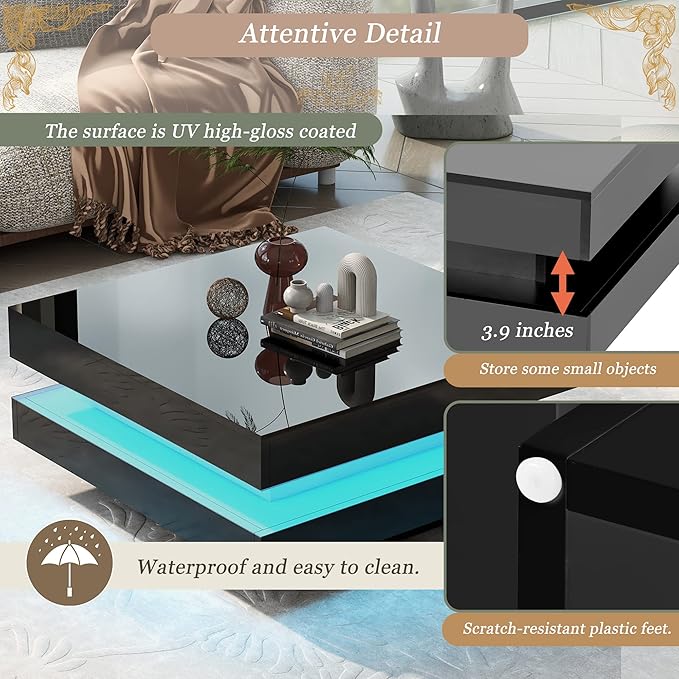 High Gloss 2-Tier Square Coffee Table with LED Lights, Center Table for Living Room, 31.5" x 31.5" x 14.2", Black