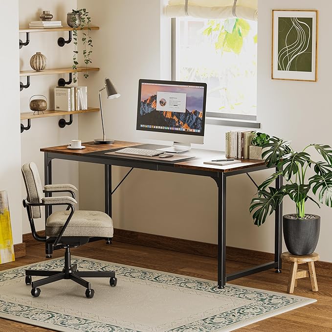 Huuger Computer Desk, 63 Inch Office Desk, Gaming Desk Writing Desk, Work Desk for Home Office, Study, Modern Simple Desk, Large Legroom, Metal Frame, Rustic Brown and Black-NeatNest