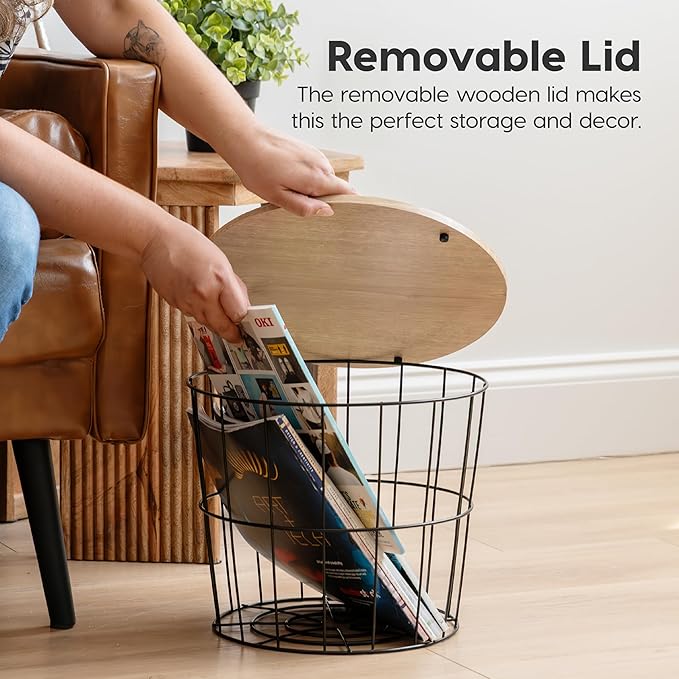 IRIS USA Round Wire Basket with Wooden Lid, 2 Pack, Potato Onion Vegetable Storage, Nestable Storage Bins, Water Resistant Surface, Living Room Bathroom Kitchen, Durable Easy Assembly Space Saving