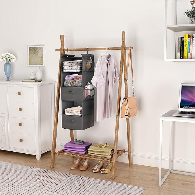 MAX Houser 5 Tier Shelf Hanging Closet Organizer, Cloth Hanging Shelf with 2 Sturdy Hooks for Storage, Foldable (Grey-D2)-NeatNest