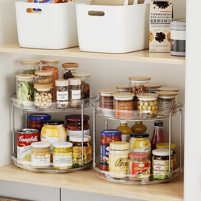 2 Tier Lazy Susan Organizer, 9.25'' Lazy Susan Turntable for Cabinet, Stackable Turntable Organizer Rotating Spice Rack Organization for Kitchen Countertop, Pantry, Bathroom, Clear-NeatNest