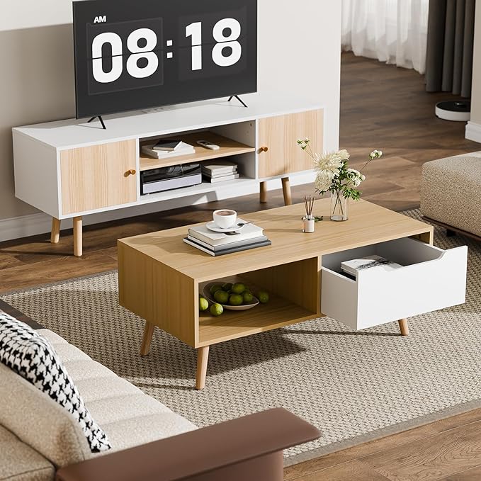 Cozy Castle Modern Wooden Coffee Table with Storage, Minimalist Hallway Mid Century Cocktail Table for Living Room Apartment Reception, Oak-NeatNest