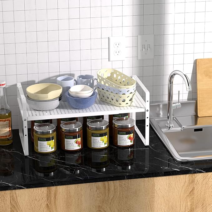 Expandable Kitchen Cabinet Shelf Organizer, Stackable Metal Pantry Storage Shelves, Adjustable Counter Shelf Organizer Rack for Kitchen Cabinets, Cupboard, Countertop, Closet, White-NeatNest