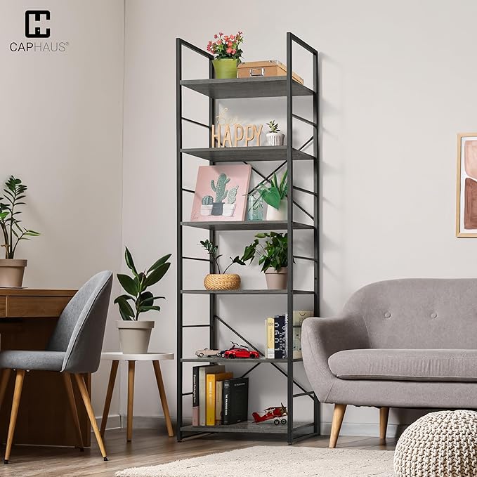 CAPHAUS 6 Tier Bookshelf, 24 Inch Width Free Standing Shelf, Bookcase Shelf Storage Organizer, Industrial Book Shelves for Home Office, Living Room, Kitchen, Dark Grey Vintage Shelves & Metal Frame-NeatNest