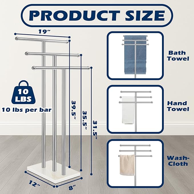 Freestanding Towel Rack 3-Tier, Towel Rack Stand with Marble Base, Stable Towel Racks for Bathroom Freestanding, White