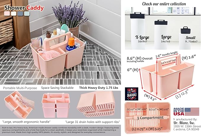 Shower Caddy Organizer with Handle, 3 Compartments, Portable Storage Bin for Bathroom, Dorm, Gym -Made In USA (Mint)