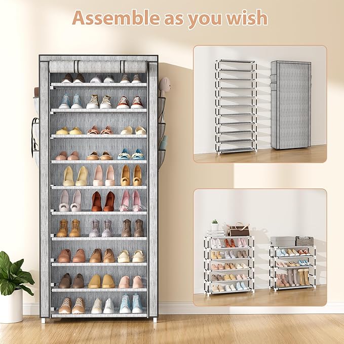 VTRIN Vertical Narrow Shoe Rack Organizer Tall Shoe Rack for Closet Entryway 10 Tier Non-Woven Cover Shoe Shelf Holds 36-41 Pairs Free Standing Shoe Storage Cabinet with Dustproof Cover, Multi Color-NeatNest
