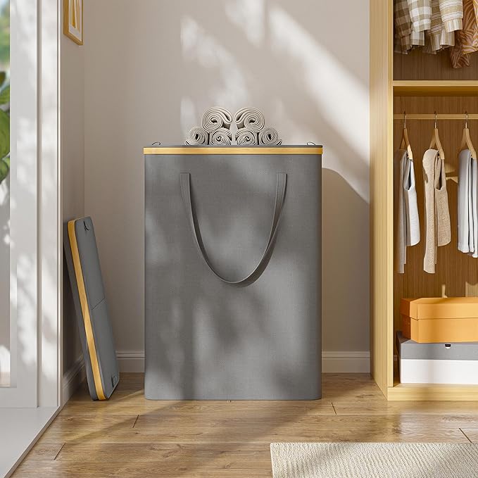160L Double Laundry Hamper with Lid 2 Section, Large Bamboo Laundry Basket with 2 Removable Bags, Clothes Hampers for Laundry for Bedroom, Bathroom, Dorm, Laundry Room, Grey-NeatNest