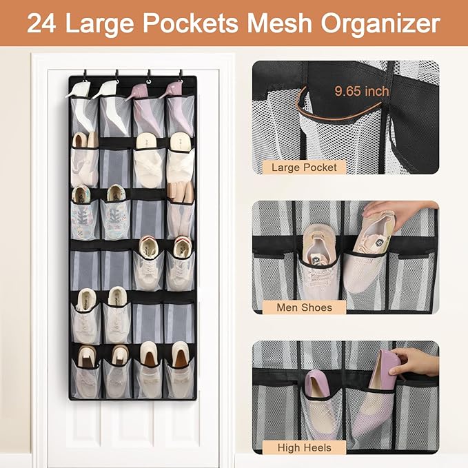 FENTEC 24 Large Pockets Over Door Shoe Organizer, Mesh Hanging Shoe Organizer Shoe Rack for Closet Mesh Closet Shoe Holder, Back of Door Organizer for Cruise Ships, Shoe Rack for Wall, Black, 1 Pack-NeatNest