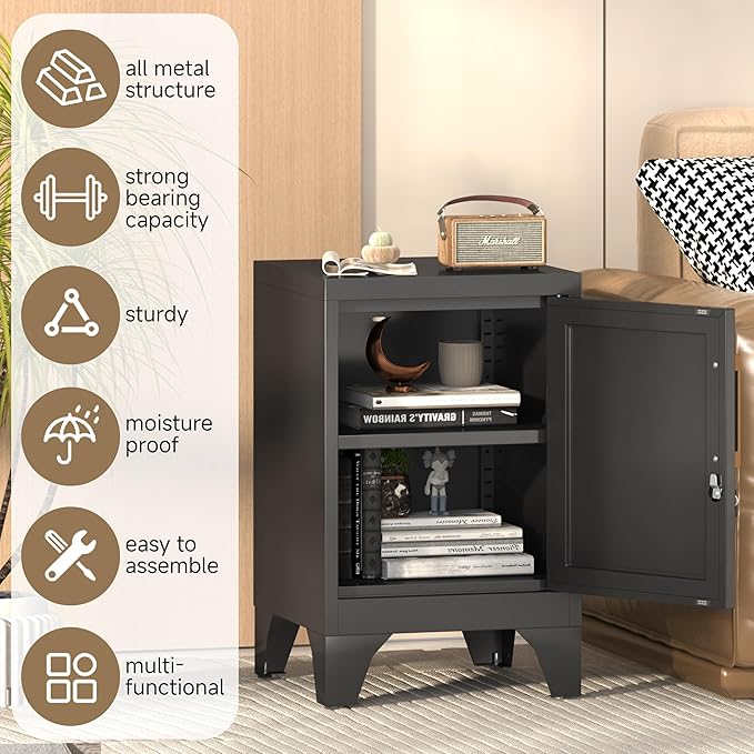 23.6" H Black Metal NightStand Locker End Table with 1 Doors,Steel Bedside Storage Cabinet with Removable Shelf,Side Table with Adjustable Leveling Foot for Home Office Living Room or Bed Room