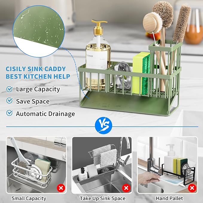 Cisily Kitchen Sink Caddy, Sponge Holder for Kitchen Sink, Kitchen Sink Organzier and Storage with High Brush Holder, 304 Stainless Kitchen Gadgets Sink Accessories, Organizadores de Cocina Sage Green-NeatNest