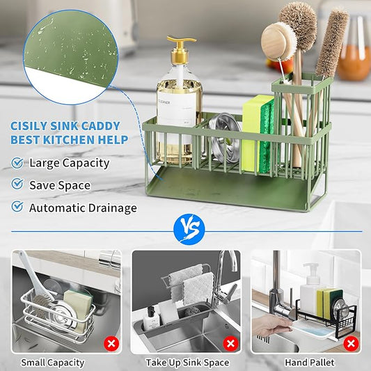 Cisily Kitchen Sink Caddy, Sponge Holder for Kitchen Sink, Kitchen Sink Organzier and Storage with High Brush Holder, 304 Stainless Kitchen Gadgets Sink Accessories, Organizadores de Cocina Sage Green-NeatNest