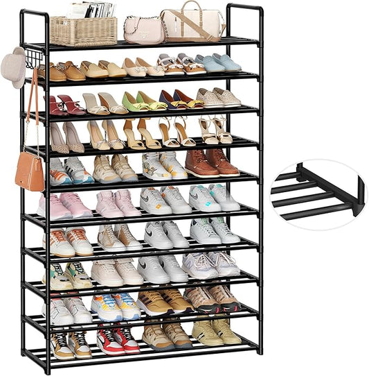10-Tier Shoe Organizer - Large Metal Shoe Rack with Hooks, Fits 40-50 Pairs, Ideal for Closet, Entryway, Garage, Bedroom-NeatNest