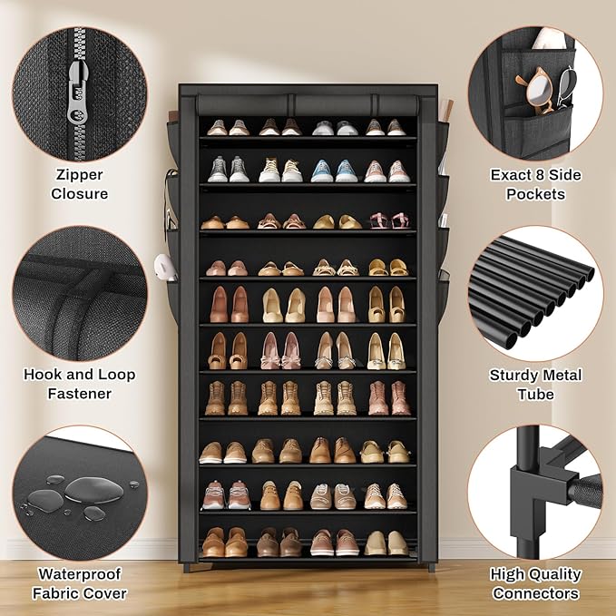 VTRIN Tall Shoe Rack with Cover, 10 Tier Shoe Organizer Storage for 50-55 Pairs Shoes and Boots Large Capacity Shoe Shelf with 8 Pockets Free Standing Shoe Rack for Closet, Entryway, Garage-NeatNest