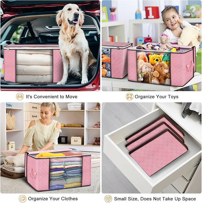Budding Joy 90L Large Storage Bags, 4 Pack Clothes Storage Bins Foldable Closet Organizer Storage Containers Storage and Organization for Clothes, Blanket, Pillows and Toys (Pink)-NeatNest