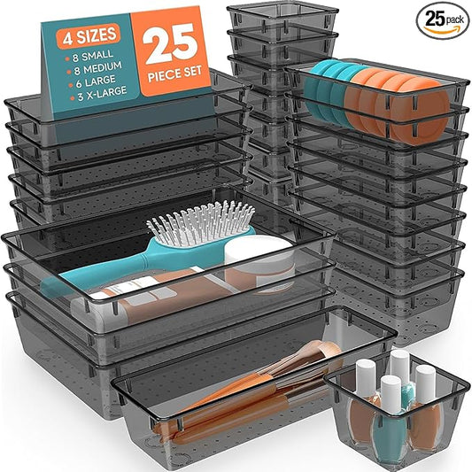 25 PCS Plastic Drawer Organizer Set, 4-Size Versatile Organizer Trays & storage Bins for Makeup, Jewelry, and Gadgets in Bathroom, Bedroom and Office,Clear Black-NeatNest