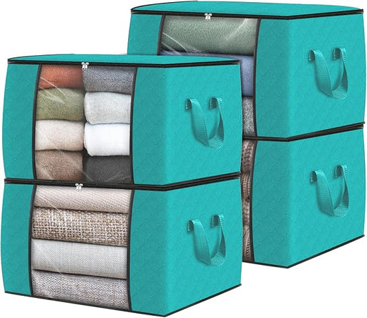 Fab totes 4 Pack Clothes Storage, Foldable Thick Fabric Blanket Storage Bags, Containers for Organizing Bedroom, Closet, Clothing, Comforter,Closet Organization with Handle,Green-NeatNest