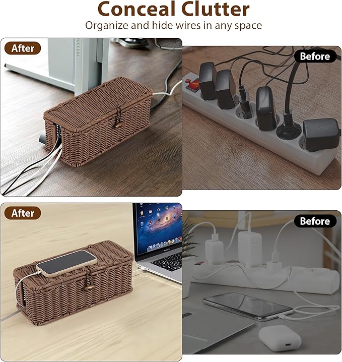 Cable Management Box, Handwoven Faux Rattan Cord Organizer Box with Lid, 2 Open Slots Cable Organizer Box, Decorative Cord Hider Box for Tv Computer USB Hub & Power Strip Holder
