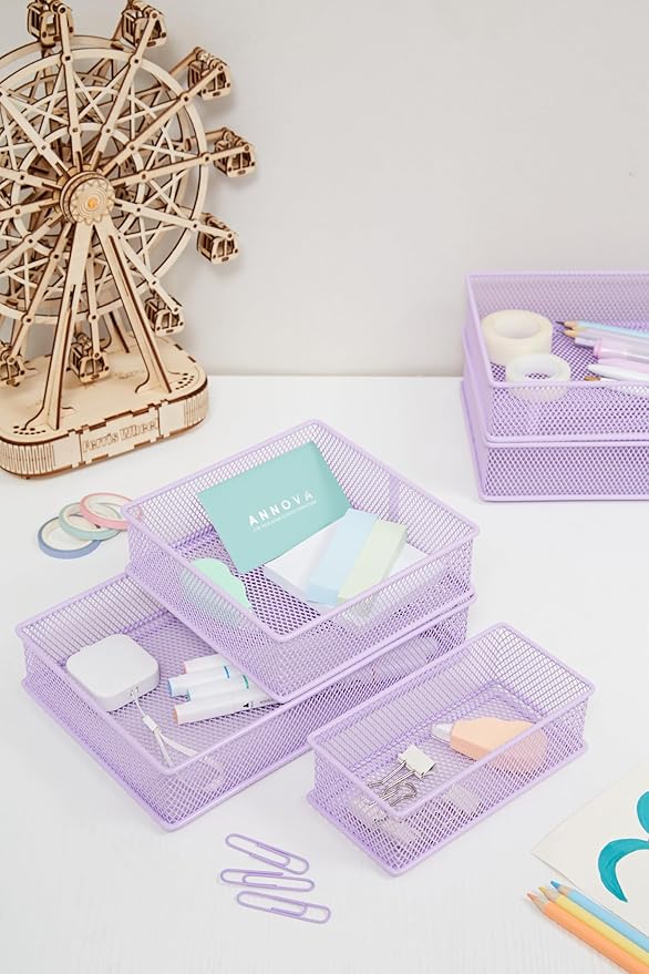 Annova Mesh Stackable Drawer Cabinet and Shelf Organizer Bins Storage Basket School Office Supply Holder Tray- Set of 2 (Light Purple, 3x9x2 Inch)-NeatNest