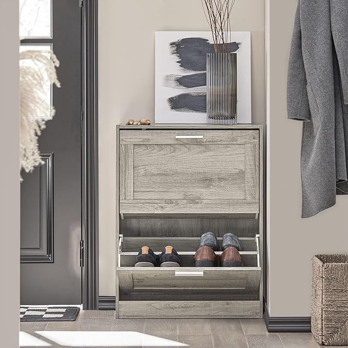 Haotian Slim Shoe Cabinet, Small Shoe Rack Entryway, Shoe Storage Organizer Entrance Hallway, Grey, FSR137-HG-NeatNest