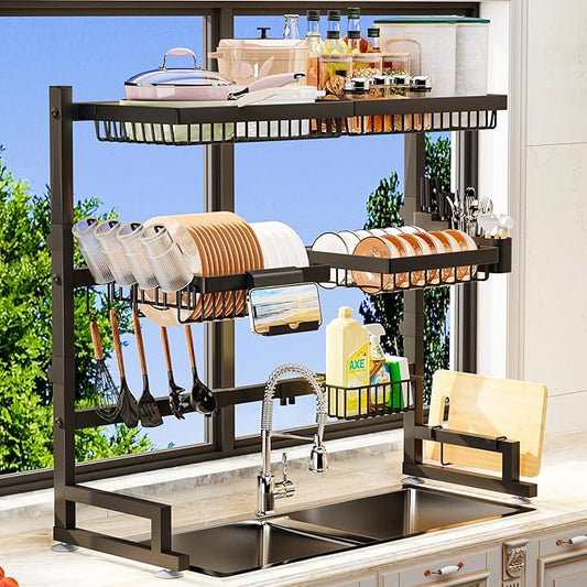 Over The Sink Dish Drying Rack 27-40L x 12W x 32.5-37H (inches) (Expandable Height and Length) Snap-On Design 2 Tier Large Dish Rack