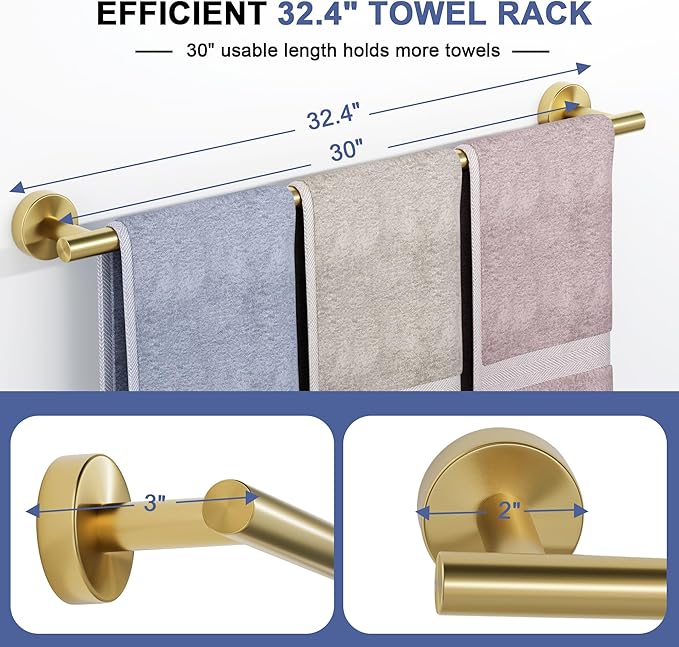 Brushed Gold Towel Bar, 30 Inch Towel Racks for Bathroom Wall Mounted, SUS304 Stainless Steel Bathroom Towel Holder, Total Length 32.4 Inch Towel Bars