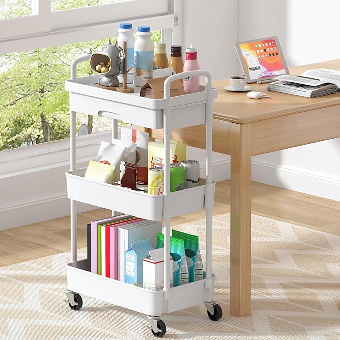 Dttwacoyh 3-Tier Rolling Cart，Trolley with Drawer, Multifunctional Storage Organizer with Plastic Shelf & Metal Wheels, Kitchen Storage Cart for Living Room, Kitchen, Office, Bathroom, White