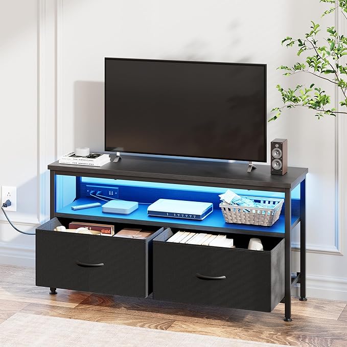 39" Dresser TV Stand for TVs up to 50", Media Console with LED Lights, Charging Station & 2 Drawer Storage Chest, Gaming Entertainment Center with Storage for Bedroom (Black, 39 in)-NeatNest