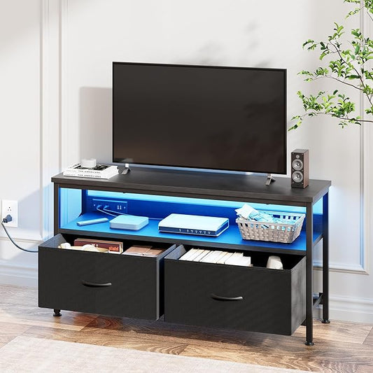 39" Dresser TV Stand for TVs up to 50", Media Console with LED Lights, Charging Station & 2 Drawer Storage Chest, Gaming Entertainment Center with Storage for Bedroom (Black, 39 in)-NeatNest