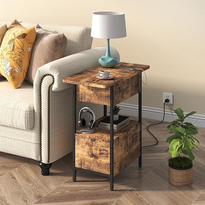 SOOWERY End Table with Charging Station, Narrow Side Table with Flip Top Cabinet and Fabric Drawer, Nightstand Bedside Tables for Small Spaces, Bedroom, Living Room, Rustic Brown