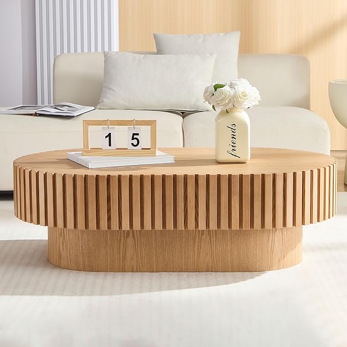 kevinplus 43.7'' Wood Coffee Table Modern Coffee Table for Living Room, Contemporary Circle Fluted Drum Pedestal Style, Easy Assembly, Oak