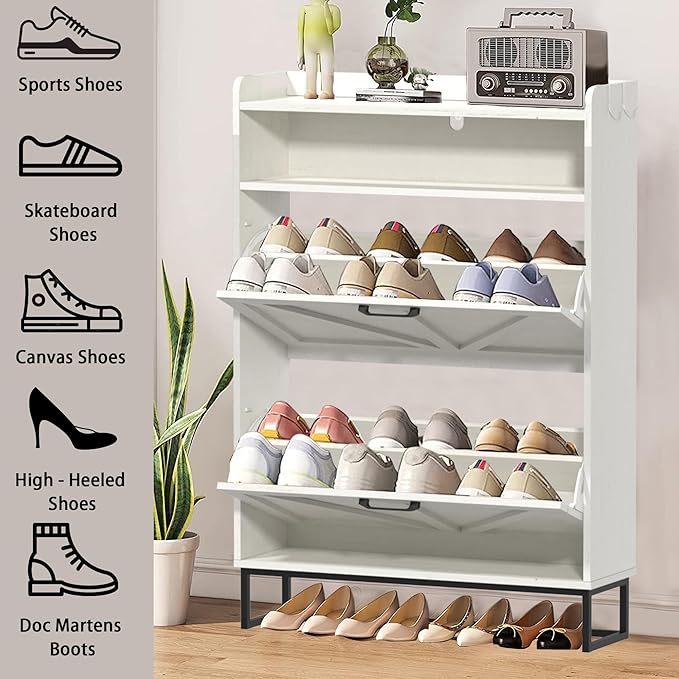 Hidden Shoe Storage Cabinets with 2 Flip Drawers and Extra Storage, Freestanding Narrow Shoe Organizer Rack for Entryway, White-NeatNest