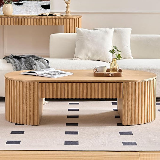 KEVINSPACE Coffee Table Oval 51.18" Wood Coffee Table for Living Room Farmhouse Coffee Table with Drawer Mid-Century Coffee Table Modern Sofa Side Table Home Furniture Office Apartment Wood