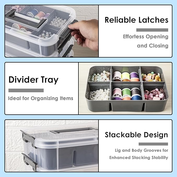 Grey&White Modern Plastic Storage Box - 4-Layer Durable Craft Storage Containers with 2 Removable Trays for Arts & Crafts Supplies, Sewing, Office, Seasonal Decor