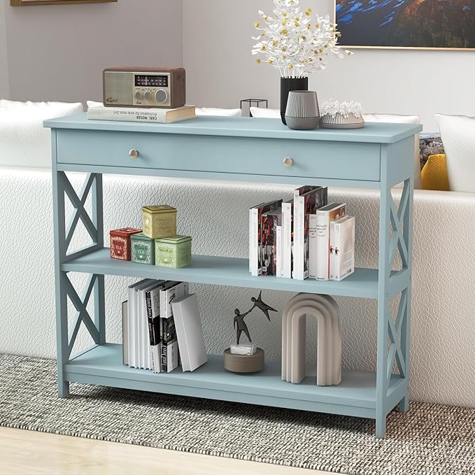 GOFLAME 39" Console Sofa Table with Drawers, 3-Tier Narrow Entry Table with Storage Shelves for Living Room Behind Couch, Entryway, Hallway (Green)-NeatNest