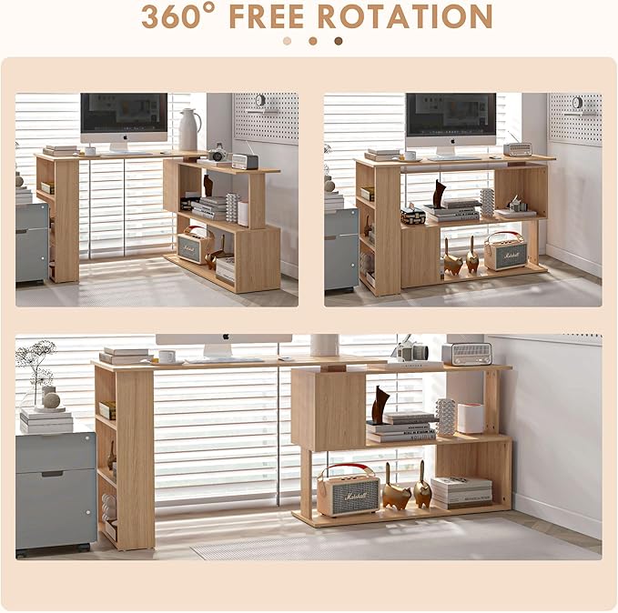 HOMCOM L Shaped Corner Desk, 360 Degree Rotating Home Office Desk with Storage Shelves, Writing Table Workstation, Maple-NeatNest