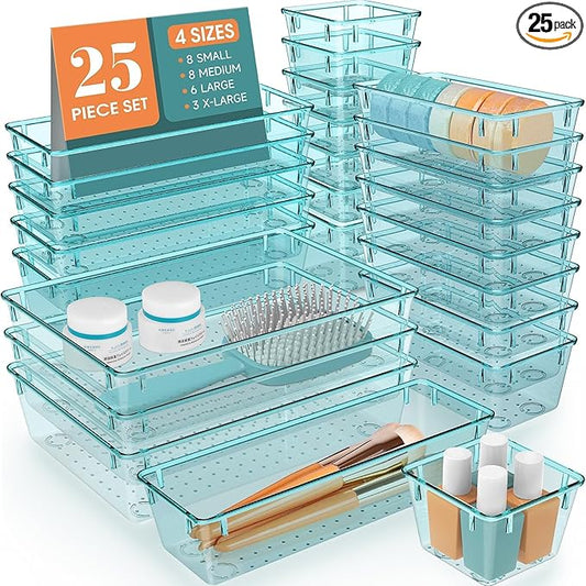 25 PCS Drawer Organizer Set, 4 Varied Size Bathroom and kitchen Drawer cabinet organizer Trays, Clear Storage Bins for Makeup, Jewelry, Utensils and Gadgets-NeatNest