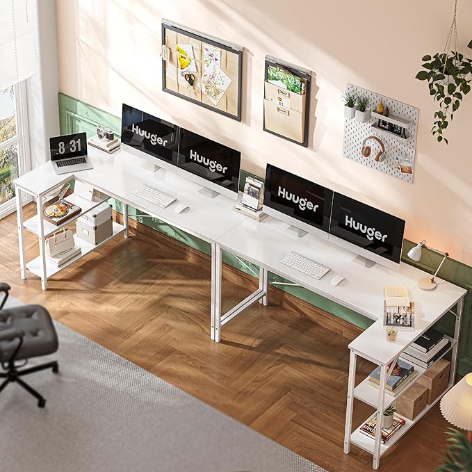 Huuger L Shaped Desk, 55 Inches Computer Desk with Reversible Storage Shelves, for Gaming Corner Home Office Writing Study, Metal Frame, White-NeatNest