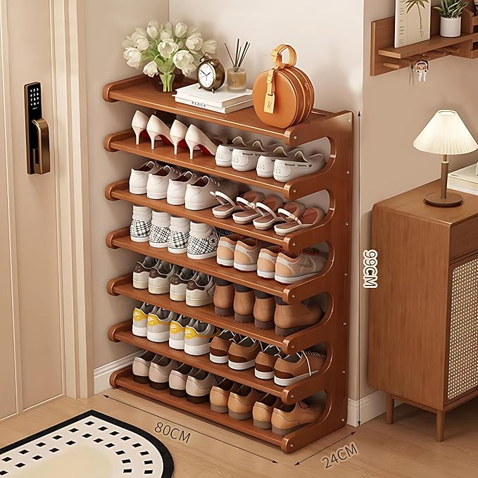 7-Tier Vertical Shoe Rack, Bamboo Free Standing Shoe Rack Shelf, 32" Shoe Storage Stand, Entryway Shoe Tower, Vertical Shoe Organizer for Narrow Closet, Entryway, Hallway, Rustic Brown-NeatNest