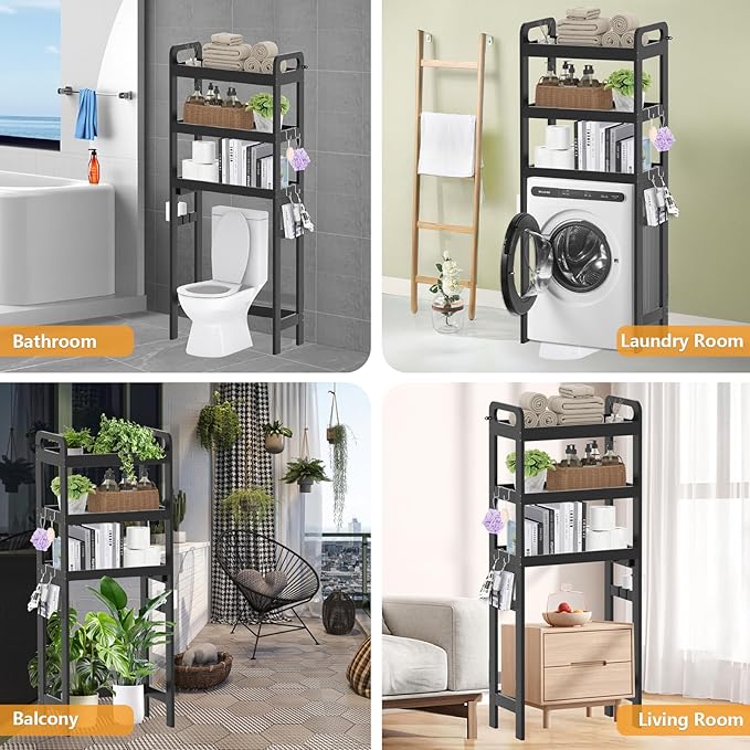 3 Tiers Over The Toilet Storage Shelf, Space Saver Bathroom Organizer Shelves with Toilet Paper Holder and Hooks, Freestanding Toilet Rack for Washroom Balcony (Black)