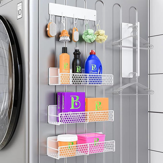 5 Pack Heavy Duty Magnetic Shelves for Laundry Room Organization, Magnetic Shelf for Washer & Dryer, Fridge Storage - Rustproof Magnetic Spice Rack, Towel Hanger & Clothes Holder (White)