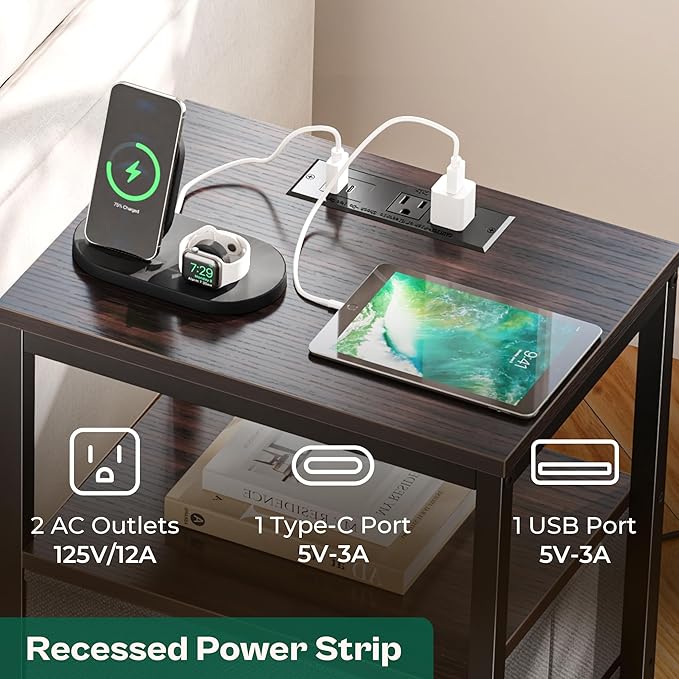 Huuger Nightstands Set of 2, End Tables with Charging Station, Fabric Drawers, Bedside Tables with USB Ports and Outlets, Night Stands for Bedroom, Walnut, 8695NC