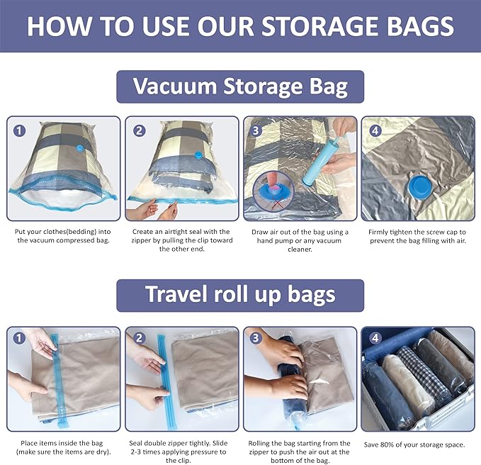 25 Pack Vacuum Storage Bags, Space Saver Vacuum Storage Bags, Vacuum Seal Bags for Clothing, Clothes, Comforters and Blankets, Hand Pump Included-NeatNest
