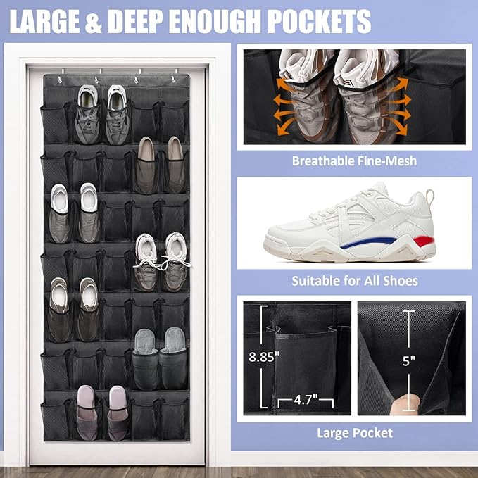 Tiblue Over The Door Shoe Organizers 35 Mesh Pockets Hanging Shoe Organizer Shoe Rack For Closet Entryway Bedroom Bathroom Pantry Shoe Holder, Men Sneakers, Women High Heeled Shoes, Flip Flops Black-NeatNest