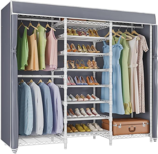 VIPEK S3C Heavy Duty Portable Closet, Adjustable Shoe Rack Wire Shelf, Large Wardrobe Organizer for Bedroom Storage, Freestanding Clothes Rack with Hanging Rod, Custom White Rack with Grey Cover-NeatNest