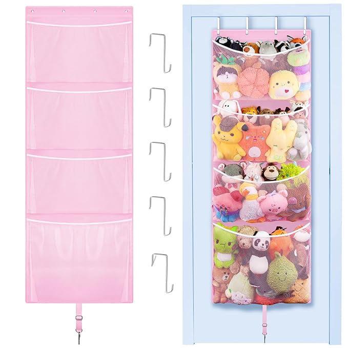 Hanging Stuffed Animal Storage, Over Door Large Plush Toy Organizer with Metal Hook, Baby Accessory Holder Idea for Nursery, Doll & Bear Mesh Hammock Bag for Girl Boy Kid Room-NeatNest
