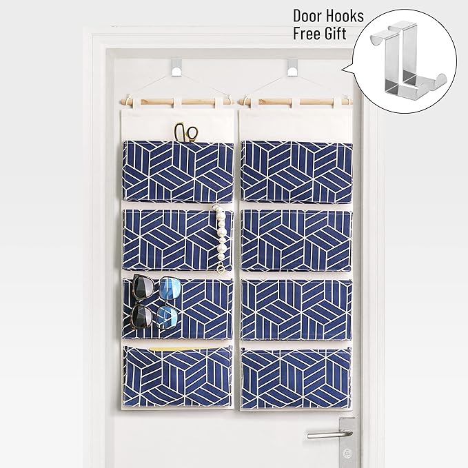 CROWNED 2Pcs Over Door Hanging Storage Bags Wall Mount Closet Organizer, 4 Big Pockets Linen Cotton Fabric Multi Functional Living Room Bedroom Bathroom File Magazine Waterproof Free Hooks Navy-NeatNest