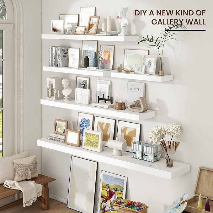 Floating Shelves for Wall, 47.24"W x 9.25"D x 1.5"H, 2 Pack of Long Wall Mounted Engineered Wood Shelves with Invisible Brackets for Living Room, Bedroom, Bathroom, Kitchen Decor and Storage, White-NeatNest