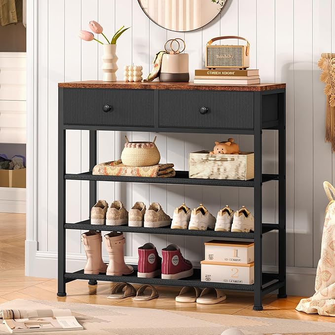 Usikey 4 Tier Shoe Rack With 2 Drawers, Metal Shelf for 9-12 Pairs, 3 Fabric Shelves and Wooden Top, Storage Organizer Stand for Closet Entryway, Black-NeatNest